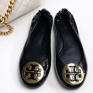 Tory Burch Reva Black & Gold Patent Genuine Leather Ballet Flats Size 5.5